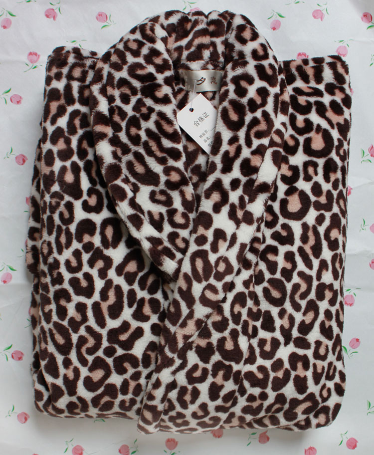 Coral fleece flannel lovers robe female leopard print bathrobe lounge sleepwear male robe bathrobes female