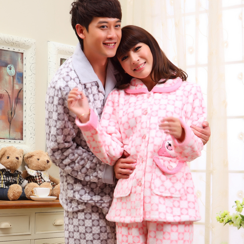 Coral fleece lovers sleepwear male women's winter thickening at home service plaid long-sleeve