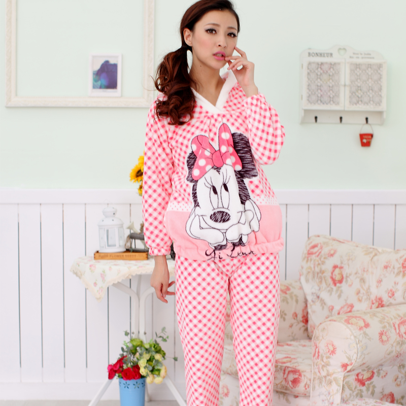 Coral fleece MICKEY with a hood autumn and winter lounge twinset MICKEY MOUSE women's cartoon sleepwear Free delivery