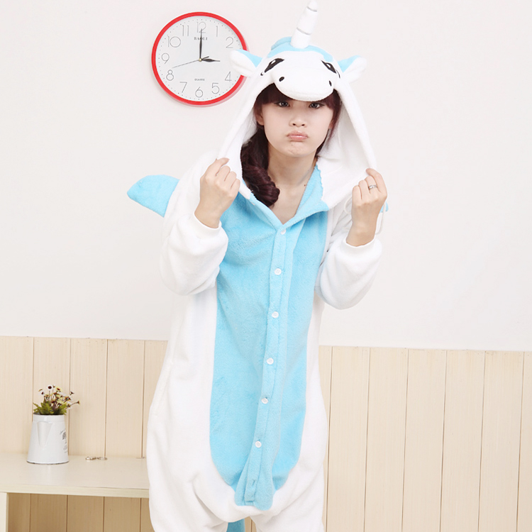 Coral fleece one piece sleepwear female male lovers lounge cartoon animal unicorn