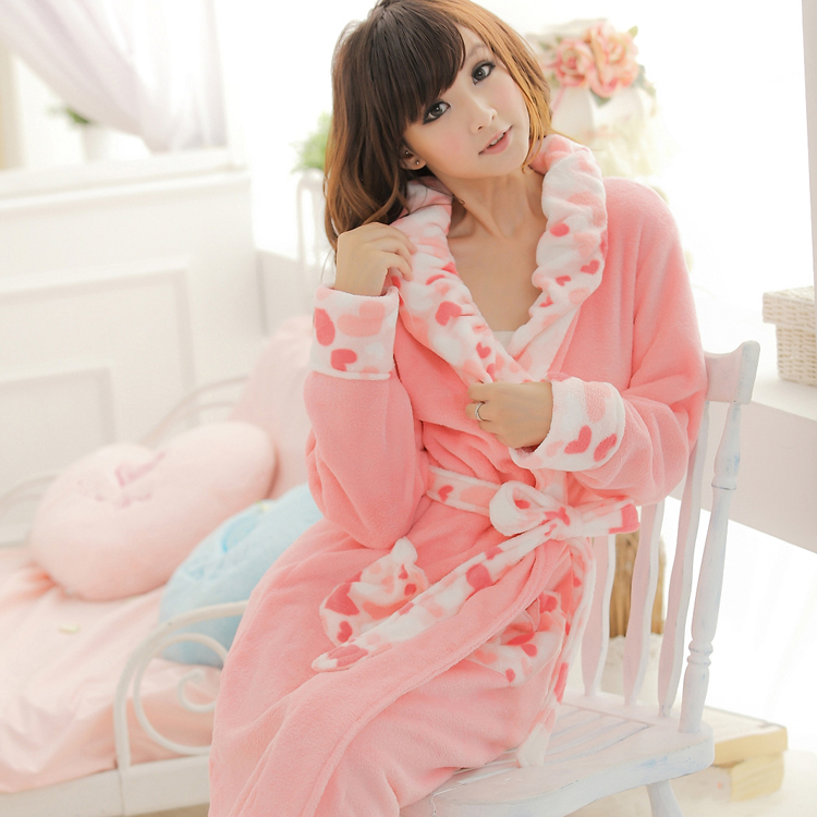 Coral fleece robe women's long sleeve length robe de style sleepwear pink thermal sweet