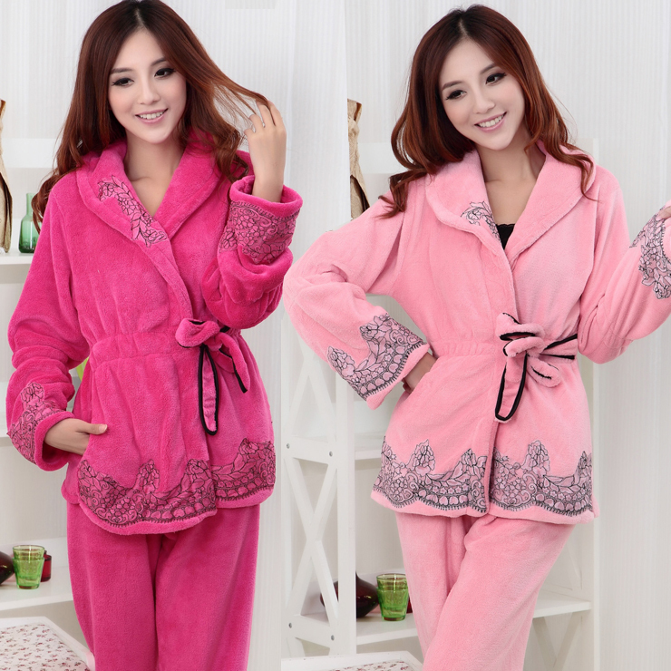 Coral fleece sleepwear female 2012 autumn and winter lounge women's set belt the appendtiff long-sleeve