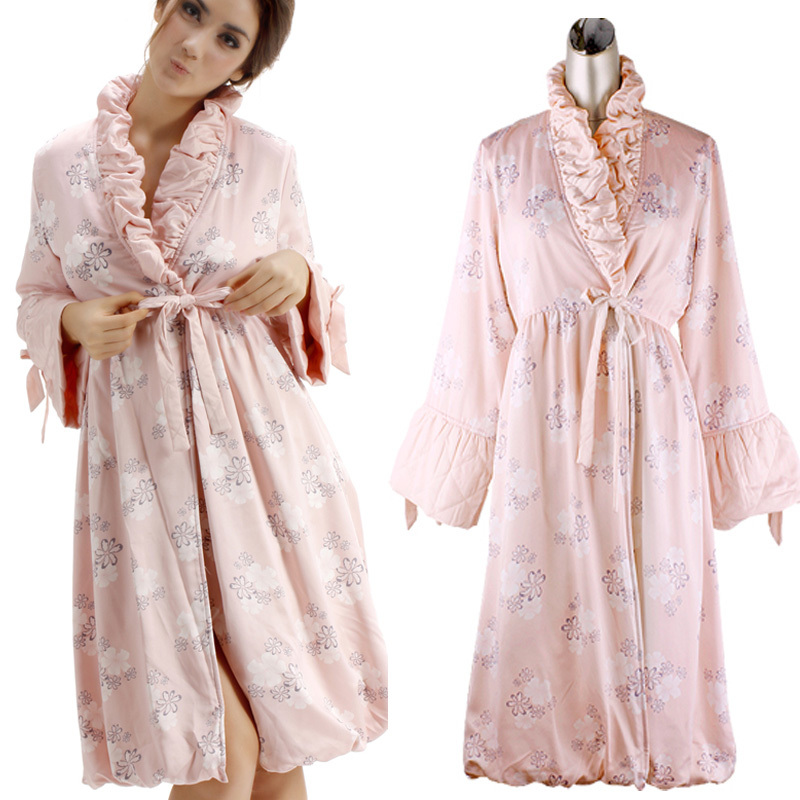 Coral fleece sleepwear female cotton plus velvet long-sleeve robe nightgown thickening winter lounge