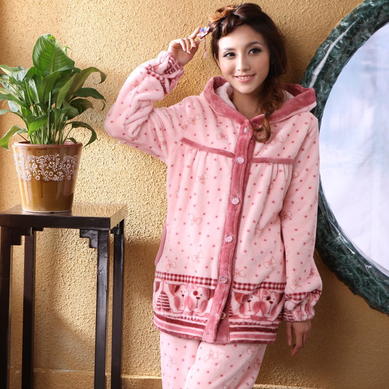 Coral fleece sleepwear female set thick lounge female 2012 autumn and winter women's cartoon with a hood