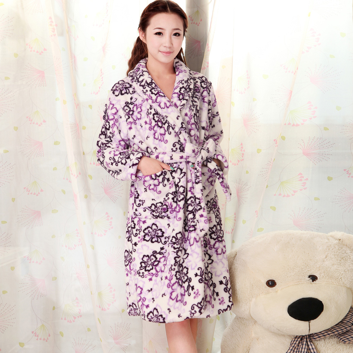 Coral fleece sleepwear lacing type slim derlook print flannel robe bathrobes women's autumn and winter