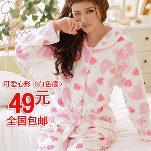 Coral fleece sleepwear winter cartoon heart women's set thickening thermal lounge