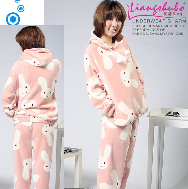 Coral fleece sleepwear women's rabbit long-sleeve thermal sleepwear female set lounge