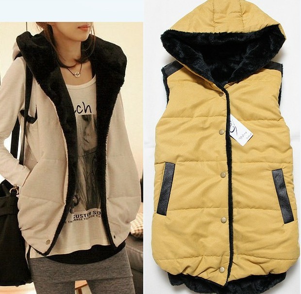 Coral fleece thick plush interior PU patchwork with a hood vest female vest