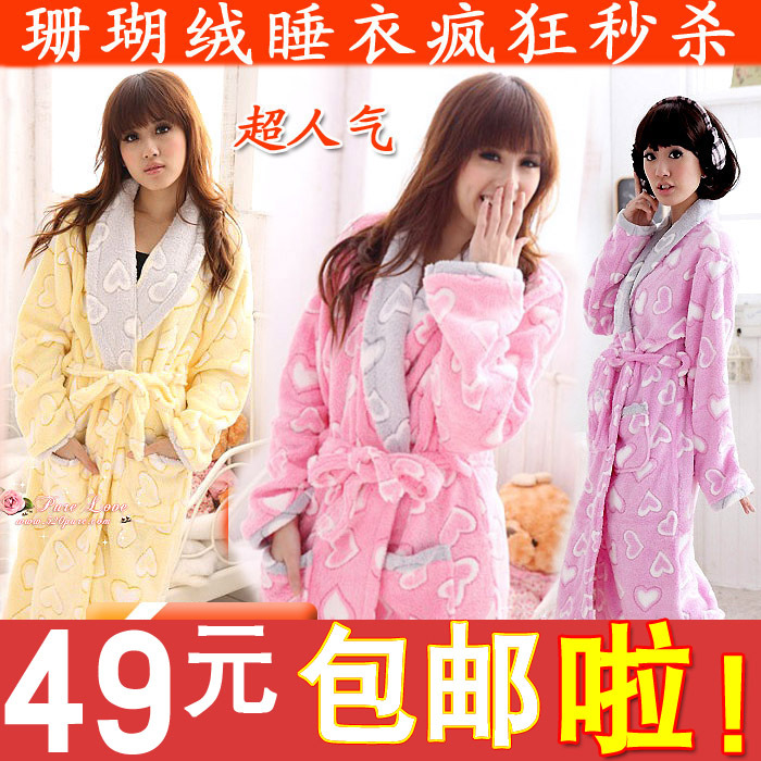 Coral fleece thickening medium-long 100% cotton strap robe heart pattern lovely sleepwear lounge sallei 813