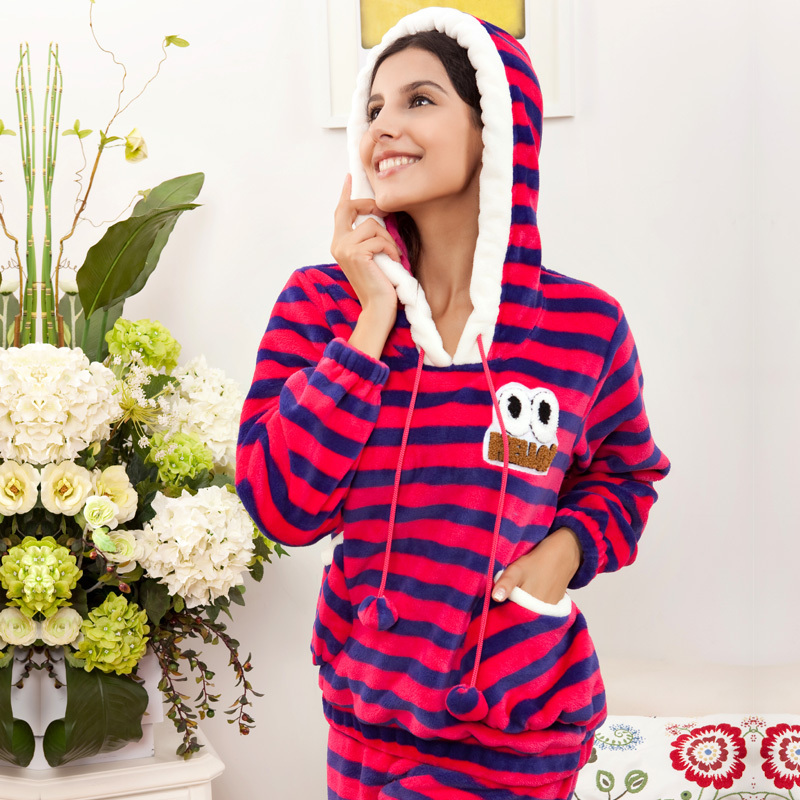 Coral fleece thickening stripe with a hood belt sphere pullover long-sleeve lounge set sleepwear winter