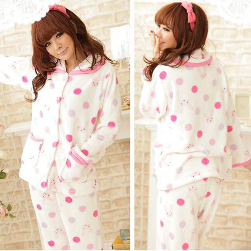 Coral fleece twinset sleepwear cartoon rabbit dot lounge female