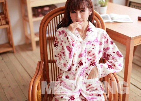 Coral fleece women's autumn and winter cardigan long sleeve length pants sleep set twinset lounge