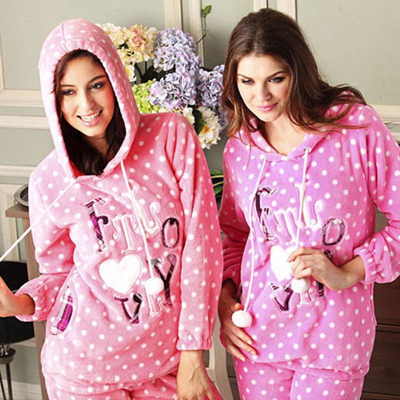 Coral fleece  women's with a hood thickening coral fleece lounge set sleepwear