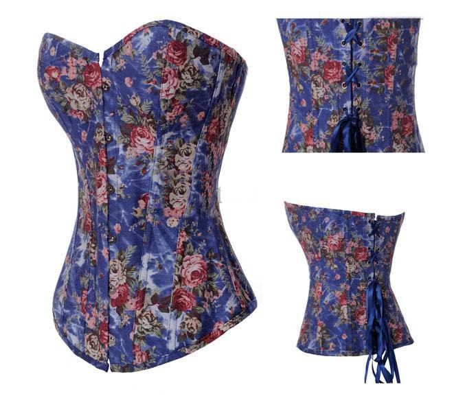 corset body shaper slimming Sexy Lingerie Floral Fantasy Burlesque Denim Corset Blue kj