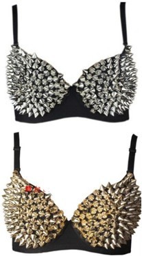 Costume push up bra with spikes, Metallic Punk bras, Women sexy bra for Nightclub/Party/Disco/Dancing, Silver&Gold, 34B&36B