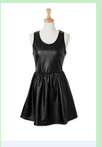 Costume sleeveless o-neck vest short skirt slim waist leather expansion skirt one-piece dress