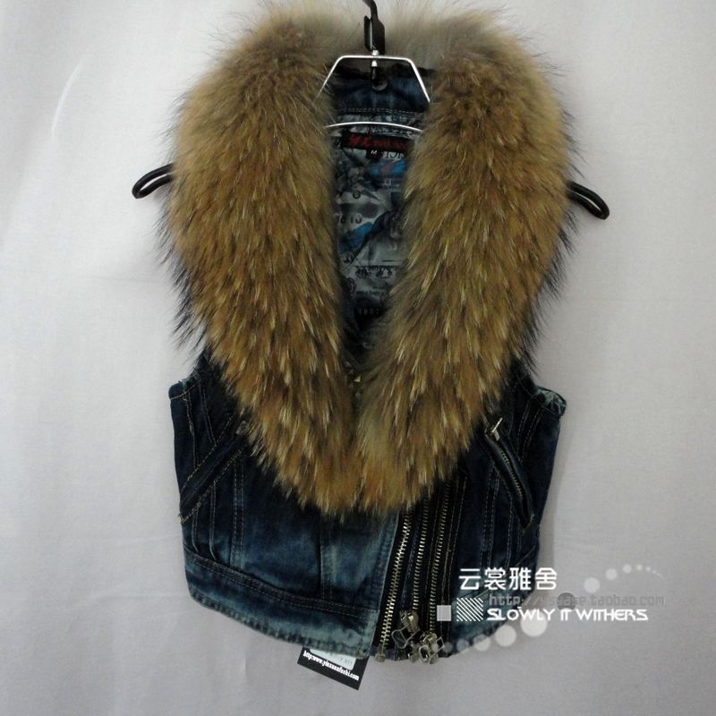 Cottage 2012 autumn and winter noble long fur collar denim vest thickening haining fur vest waistcoat female