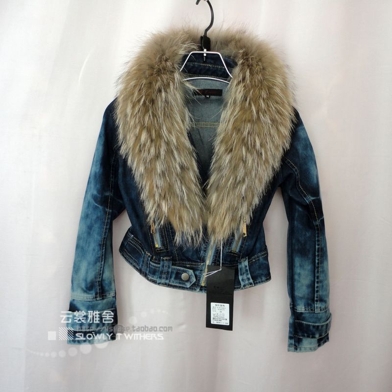 Cottage 2012 autumn and winter women motorcycle fur collar fur short jacket plus cotton thickening denim outerwear