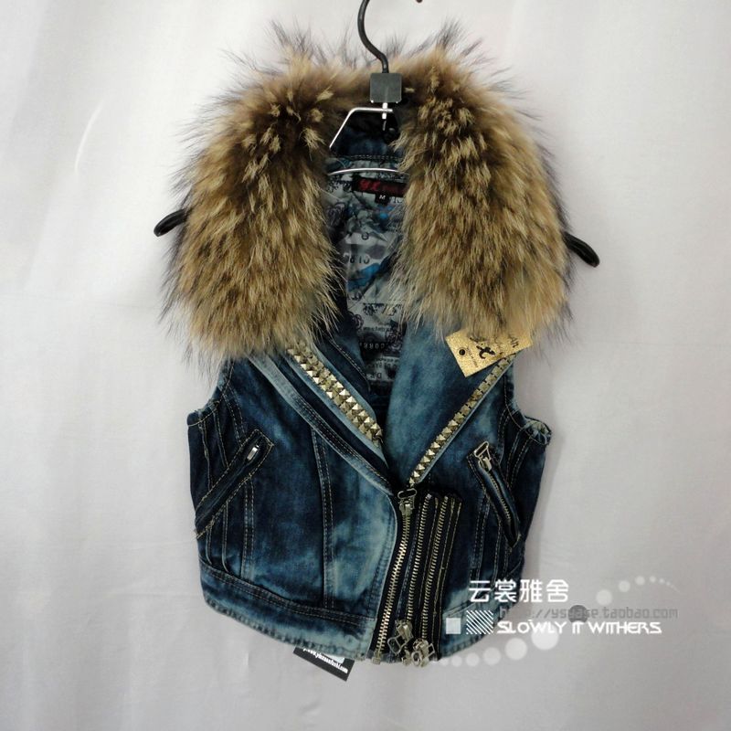 Cottage in autumn and winter women fur collar plus cotton denim vest haining fur vest plus size waistcoat