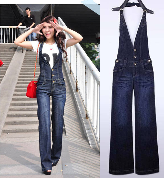 Cotton Denim pants women's autumn big straight jumpsuits high waist bodice spaghetti strap slim pants,free shipping