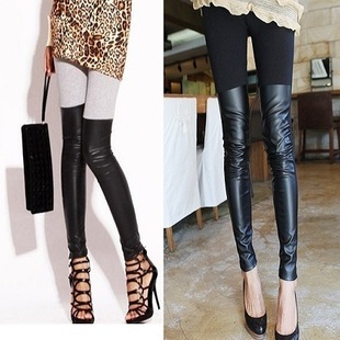 Cotton faux leather patchwork legging plus size patchwork ankle length trousers all-match