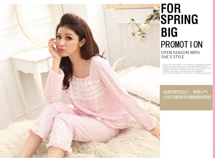 Cotton long sleeve lovely small broken flower princess bud silk nightgown suit leisure wear pajamas