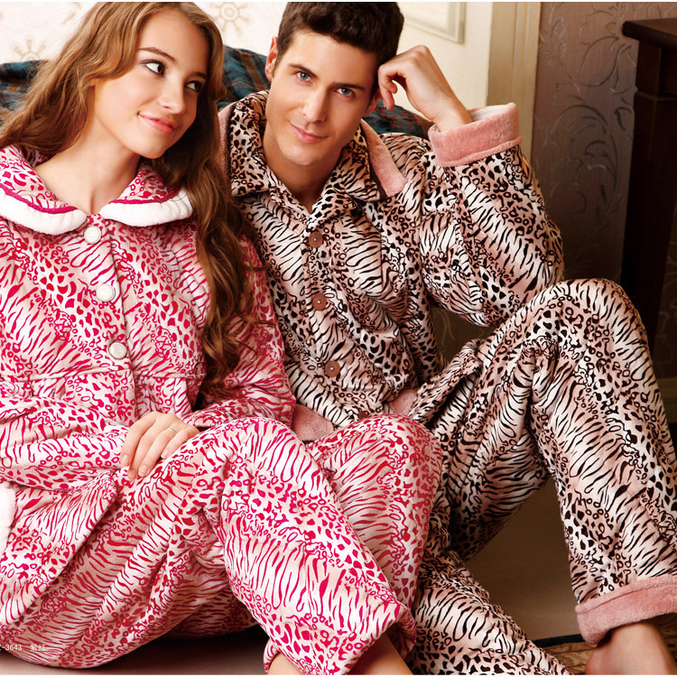 cotton-padded winter fashion leopard print lovers thickening coral fleece sleep set