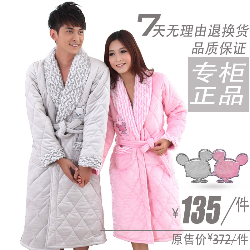 Cotton sleepwear autumn and winter male women's thickening long-sleeve pure color design coral fleece cotton-padded lovers robe