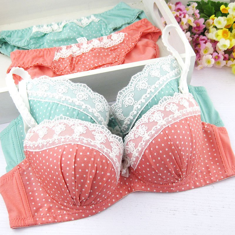 Cotton sweet fresh dot lace decoration underwear set 3 breasted female bra set