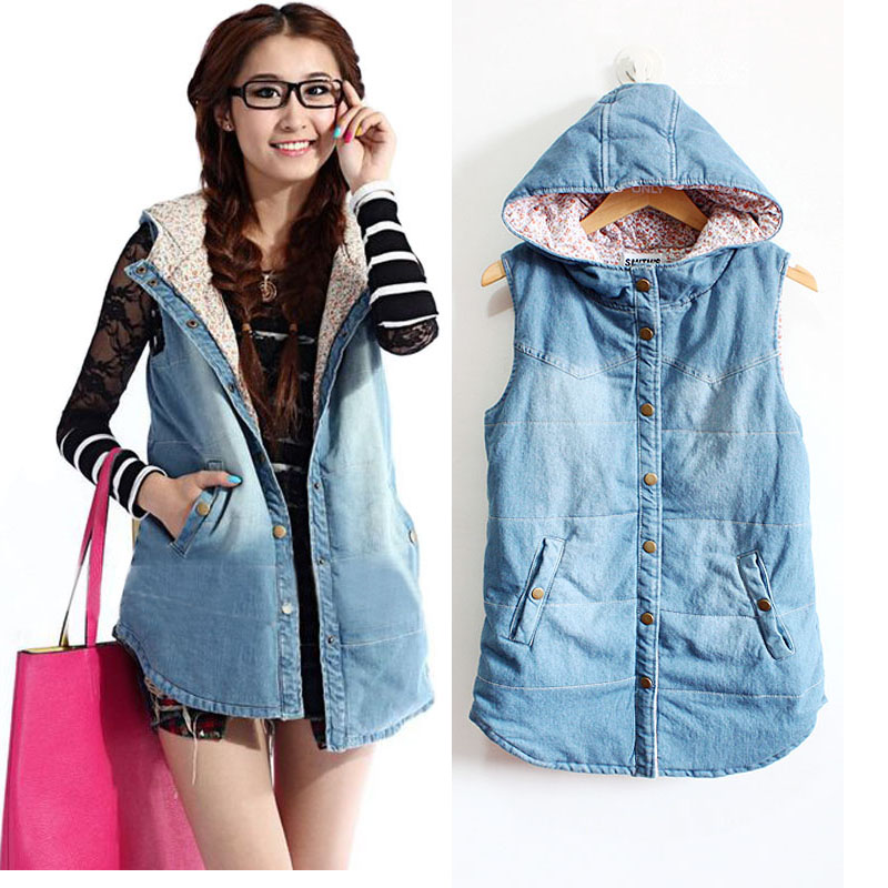 Cotton vest slim medium-long vintage denim cotton vest with a hood cotton waistcoat sleeveless outerwear female