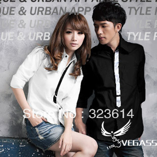 Couple shirt black and white contrast color cultivate one's morality cotton long sleeve blouse Free delivery