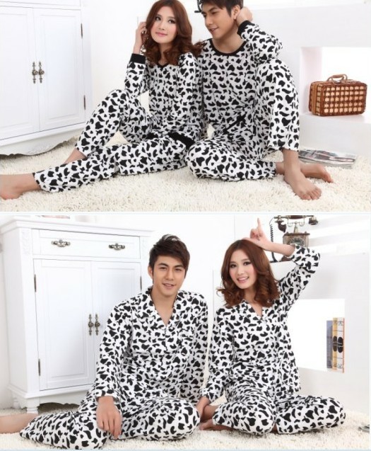 Cow sleepwear female autumn male women's cartoon lovers turn-down collar long-sleeve sleepwear cotton lounge set