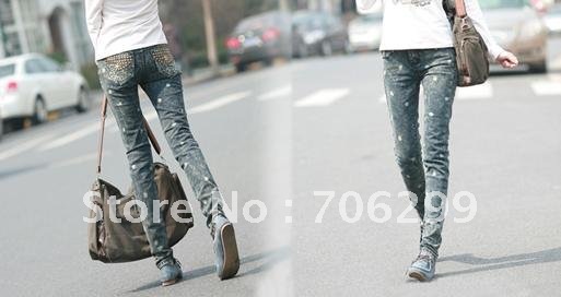 Cowboy bigger snow pants female han edition cultivate one's morality feet pencil show thin rivets jeans female trousers