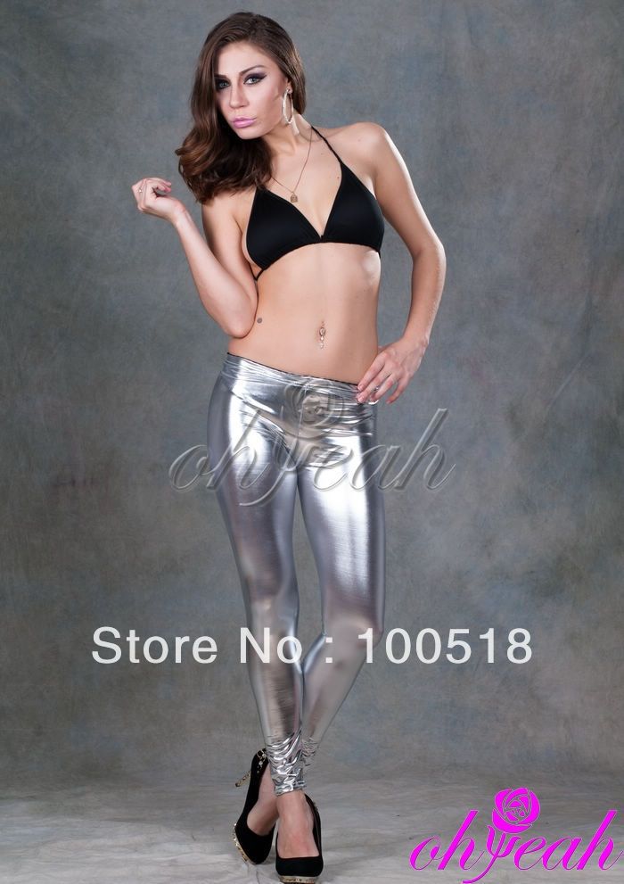 CPAM Free Shipping Shine Silver Leather Shinning Sexy Pants Leggings For Women R73792