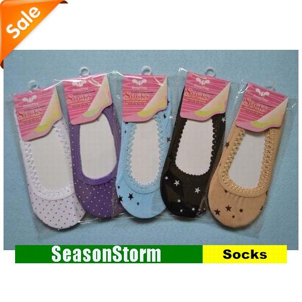 [CPAP Free Shipping] Wholesale Ladies Fashion Cotton Print Invisible Short Socks / No Show 4 Color 200pair/lot (SM-14P)