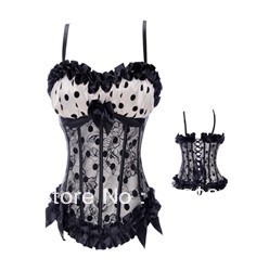 Cream white with black dots and lace overlay lace up boned strap padded cup costume S-2XL    M0225