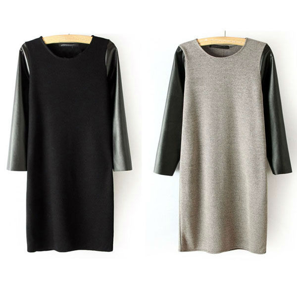 Crew Neck PU Leather Sleeves Stitching Knitted Dress Free Shipping