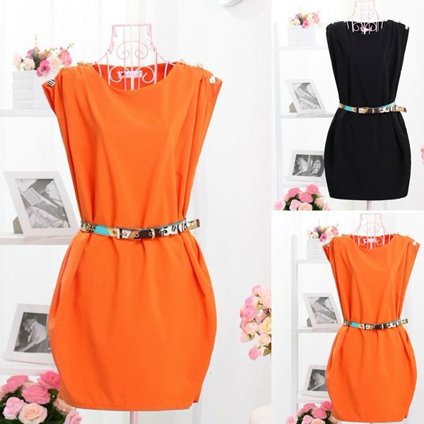 CREW NECK SLEEVELESS BUTTON-SHOULDER TUNIC DRESS WITH BELT 3385