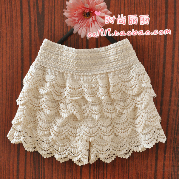 Crochet lace shorts wave tassel elastic basic vintage cake skirts