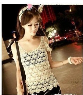 Crochet lace strapless cutout all-match short-sleeve vest shirt