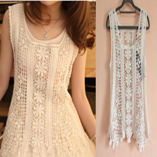 Crochet vest sleeveless small tank dress long design shirt knitted tassel cutout lace decoration female