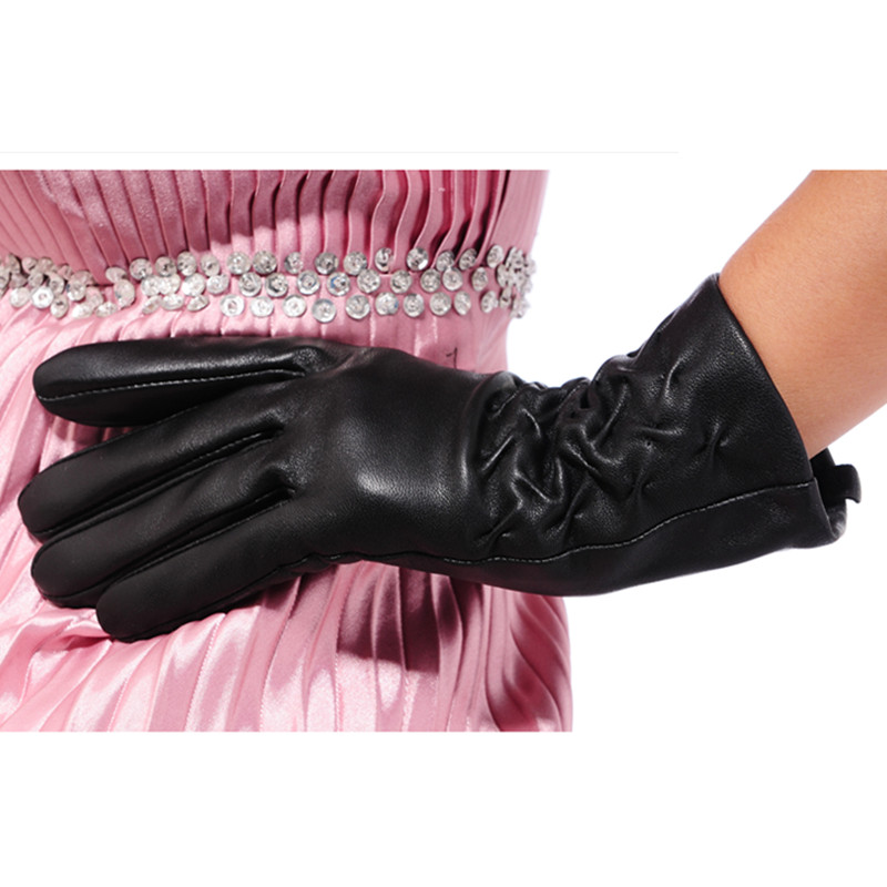 Cross pleated leather gloves female genuine leather winter thermal sheepskin gloves women's genuine leather gloves fashion