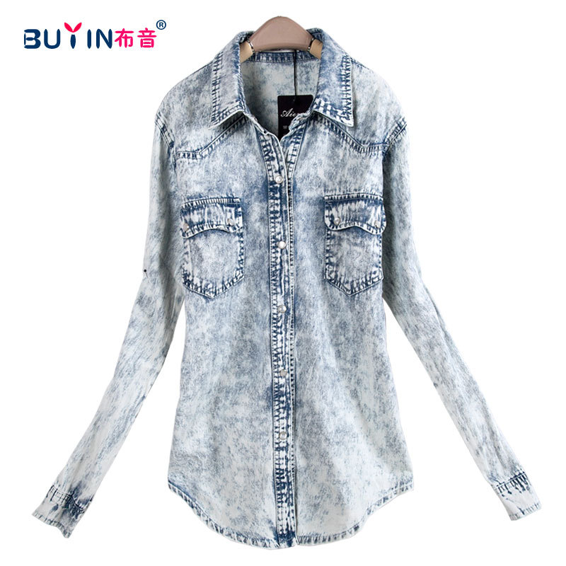 Crystal buckle vintage water wash medium-long long-sleeve denim shirt cardigan