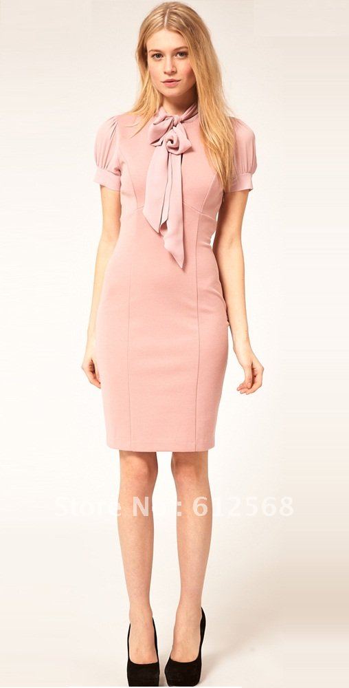 Custom made Fashion Tailored Formal Work Commute Pencil Dresses. Pink Black Business Dress with Short Chiffon Puff Sleeves MR018