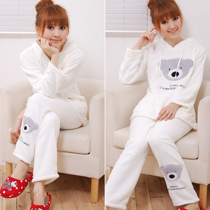 Cute bear with a hood Women's coral fleece sleepwear autumn & winter ladies' long-sleeve pajamas nightwear nightgown set