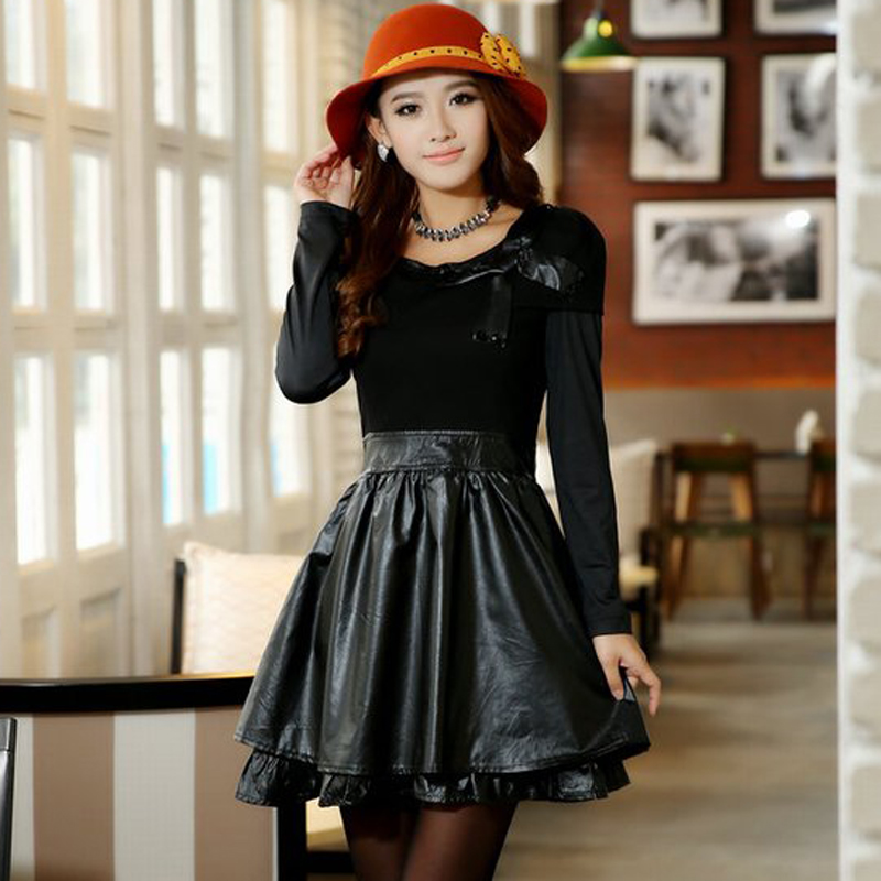 Cute bow o-neck long-sleeve knitted water washed leather princess one-piece dress solid color one-piece dress spring and autumn