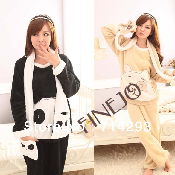 Cute Cartoon Women's Coral Velvet Thicken Lady Pullover Scarf Pajamas Set 2 Sizes free shipping 9281