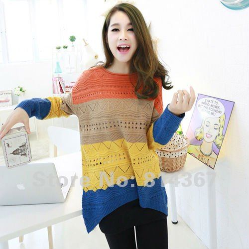 Cute Crew Neck Long Sleeve Oversized Striped Sweater Jumper Top WF-0043