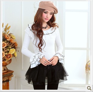 Cute Cute!High quality 2012 spring white lace decoration bow ruffle basic shirt t-shirt very cute and sweety Bottoming shirt