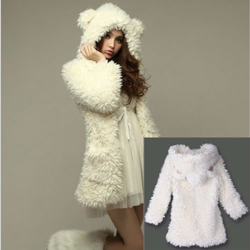 Cute Long Sleeve Hooded Coat No Button White Free Shipping